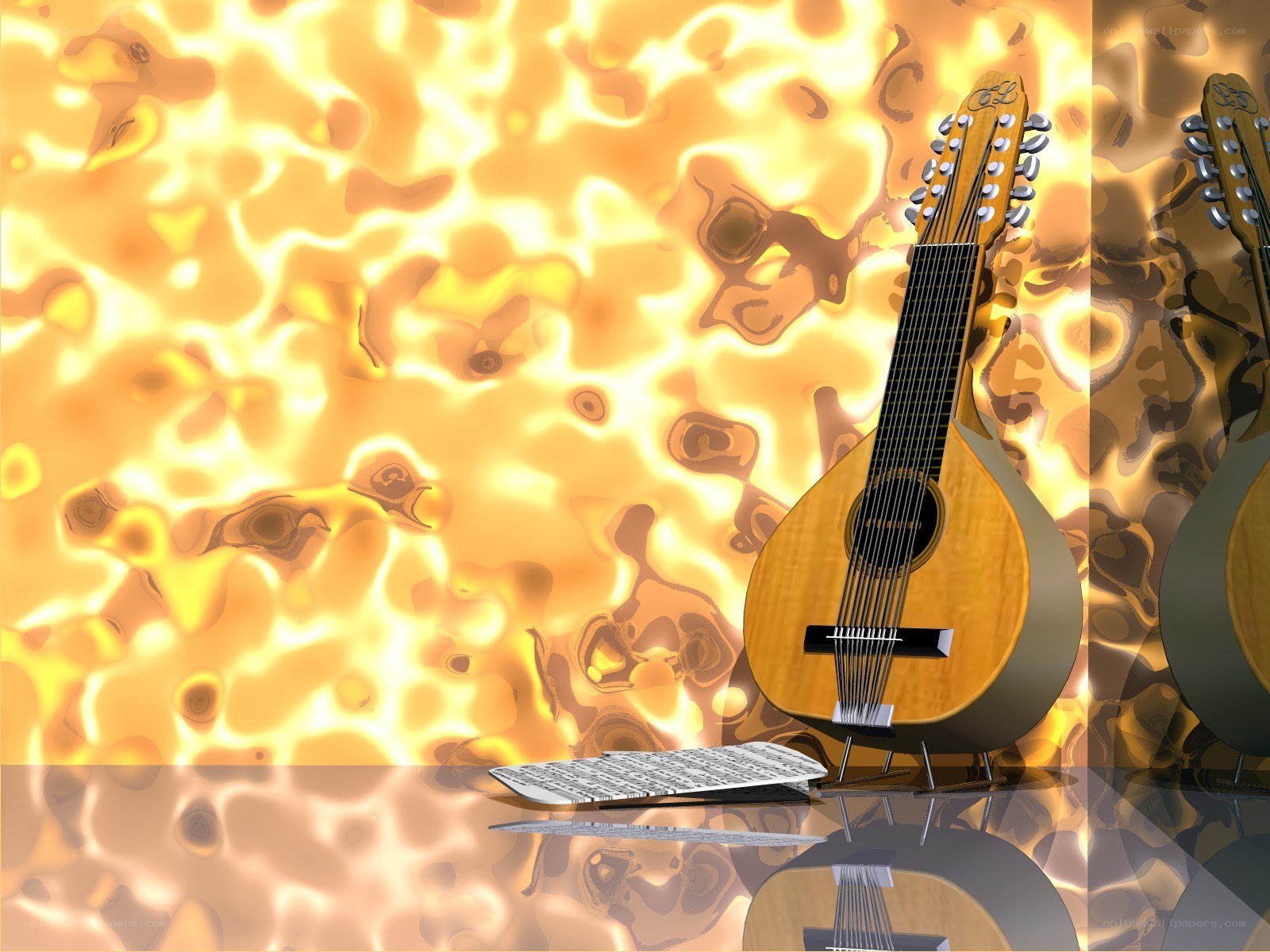 Mandolin on a reflective surface