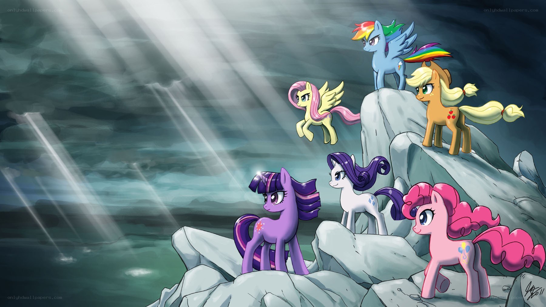 Mane Six on a rocky cliff