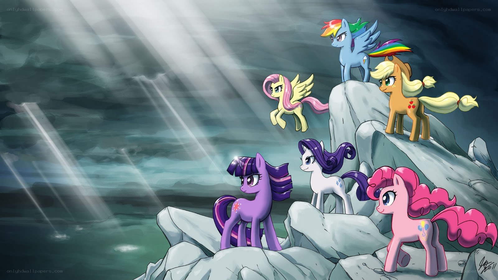 Mane Six on a rocky cliff