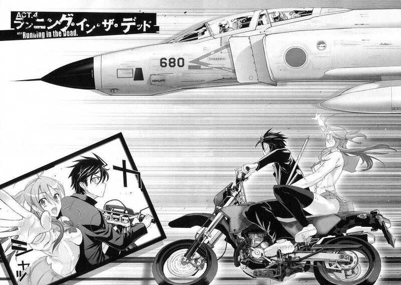 Manga scene with motorcycle and jet