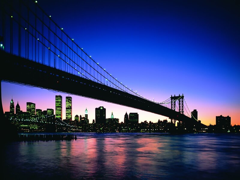 Manhattan Bridge at Dusk — Blue, Dramatic, Sunset, Photograph, City Skyline, River, Sky