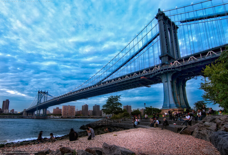 Manhattan Bridge at Dusk — Blue, Dramatic, Sunset, Photograph