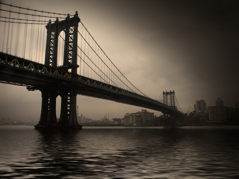 Manhattan Bridge at Dusk — Gray, Dramatic, Night