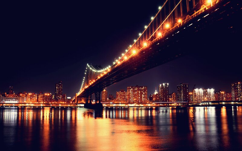 Manhattan Bridge at Night — Black, Dramatic, Photograph, City Skyline