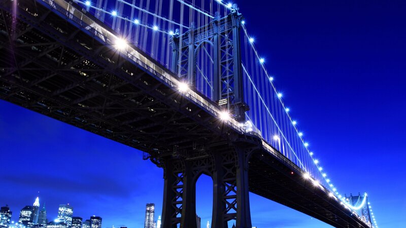 Manhattan Bridge at Night — Blue, Dramatic, Photograph, City Skyline, Lights