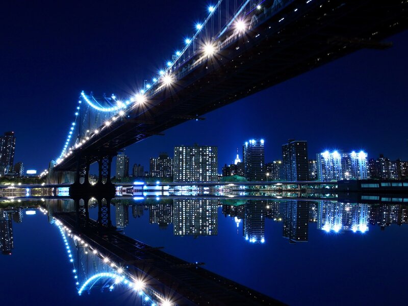 Manhattan Bridge at Night — Blue, Dramatic, Photograph, City Skyline, River