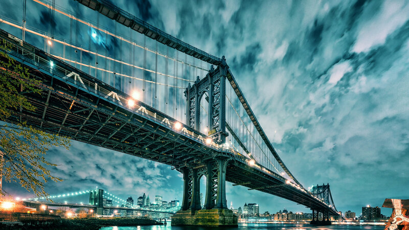 Manhattan Bridge at Night — Blue, Dramatic, Photograph, City Skyline
