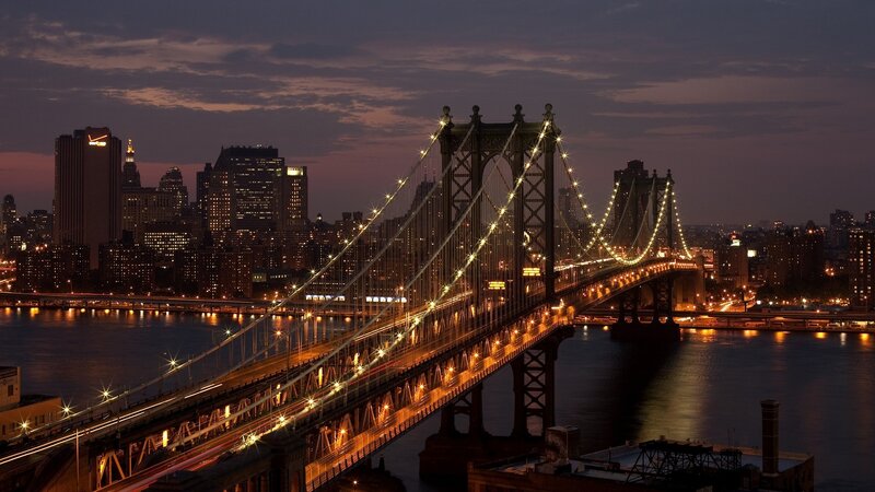 Manhattan Bridge at Night — Dark Blue, Dramatic, Photograph