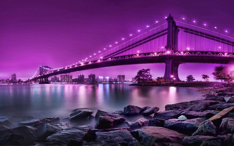 Manhattan Bridge at Night — Purple, Dramatic, Photograph, City Skyline, River, Rocks