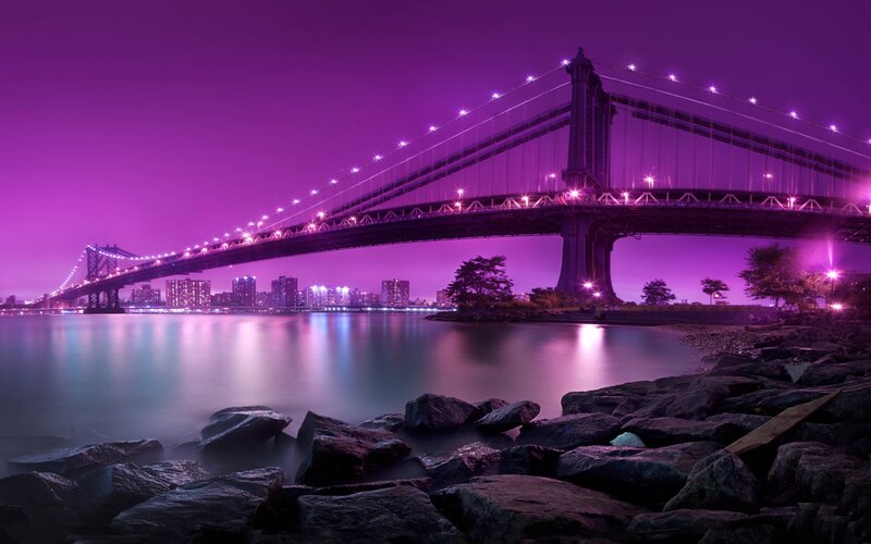 Manhattan Bridge at Night — Purple, Dramatic, Photograph, City Skyline, River