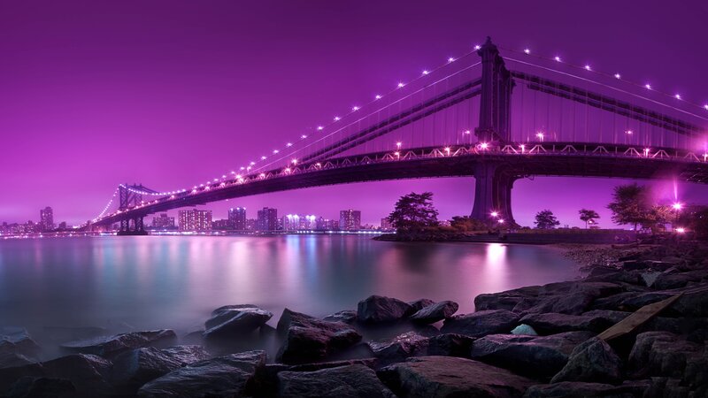 Manhattan Bridge at Night — Purple, Dramatic, Photograph