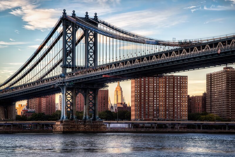 Manhattan Bridge at Sunset — Blue, Dramatic, Photograph