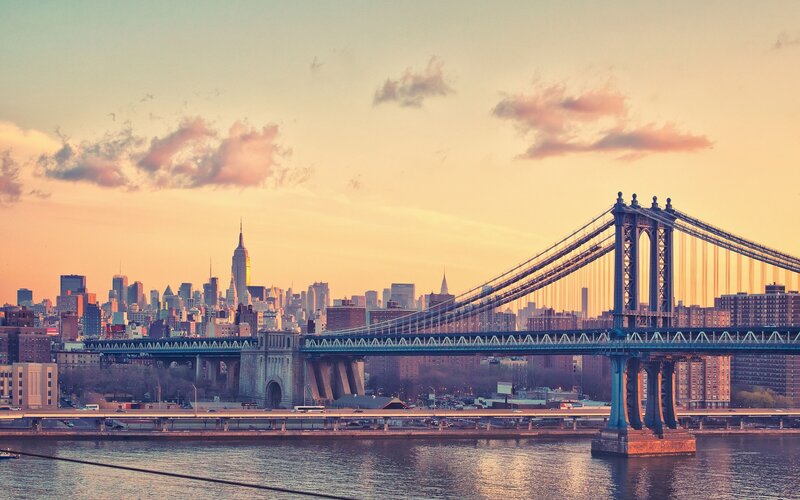 Manhattan Bridge at Sunset — Orange, Serene, Photograph, City Skyline, River, Skyscraper, Blue