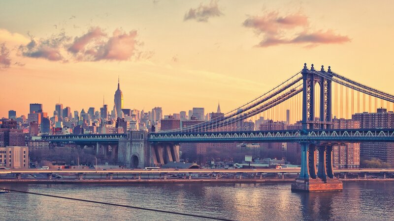 Manhattan Bridge at Sunset — Orange, Serene, Photograph, Skyscraper