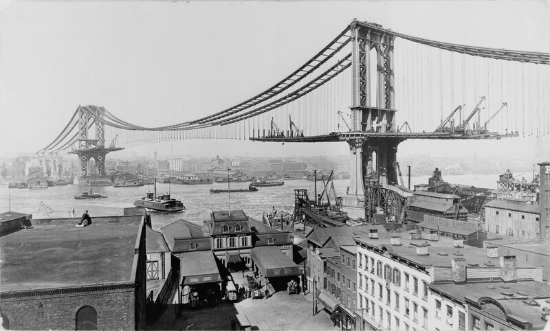 Manhattan Bridge under Construction — Black, Historical, Afternoon