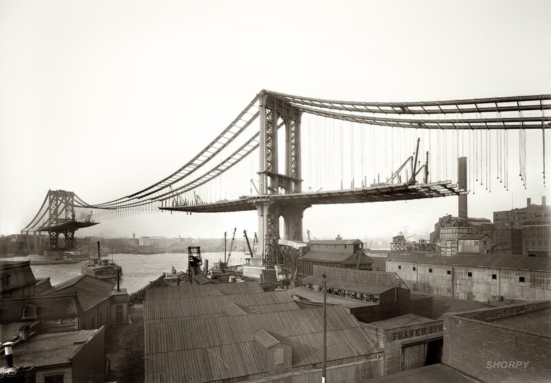 Manhattan Bridge under Construction — Black, Historical, Photograph, River, Buildings