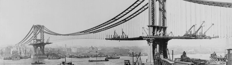 Manhattan Bridge under Construction — Black, Historical, Photograph, River