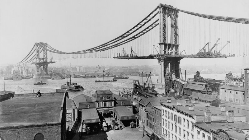 Manhattan Bridge under Construction — Black, Historical, Photograph