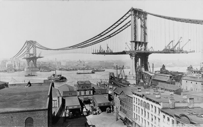 Manhattan Bridge under Construction — Black