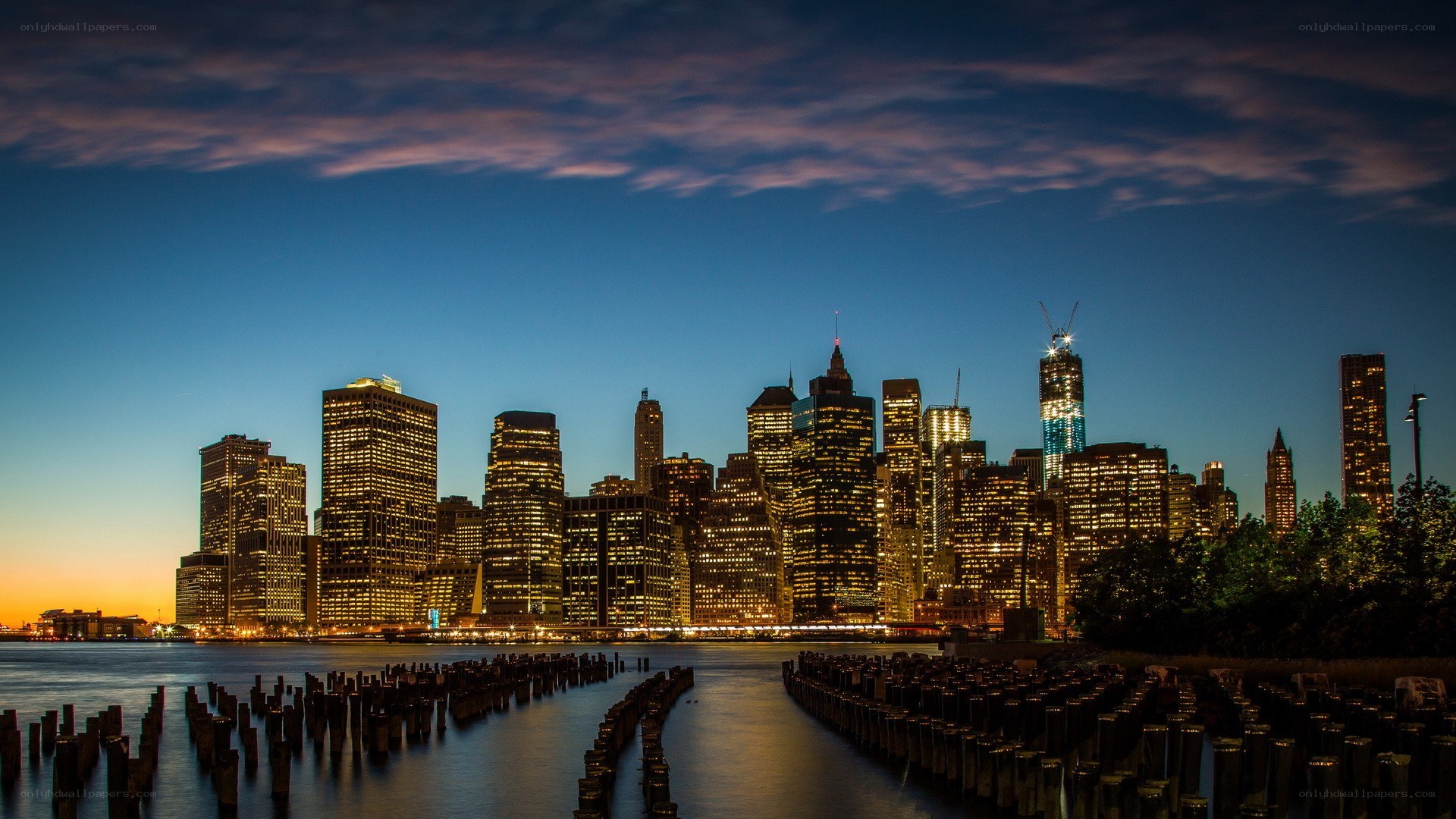 Manhattan skyline at dusk