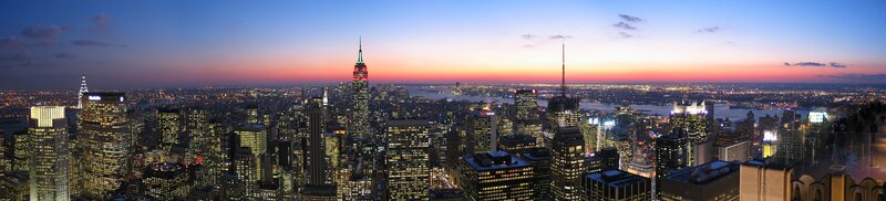 Manhattan Skyline at Dusk — Blue, Dramatic, Sunset, Photograph, Skyscrapers, River, City Lights