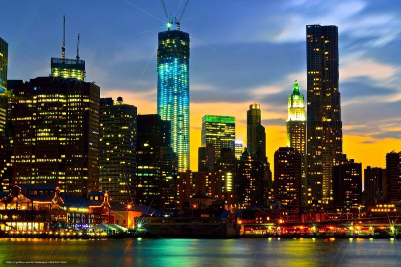 Manhattan Skyline at Dusk — Blue, Dramatic, Sunset, Photograph, Skyscrapers, River, Construction Cranes, Lights