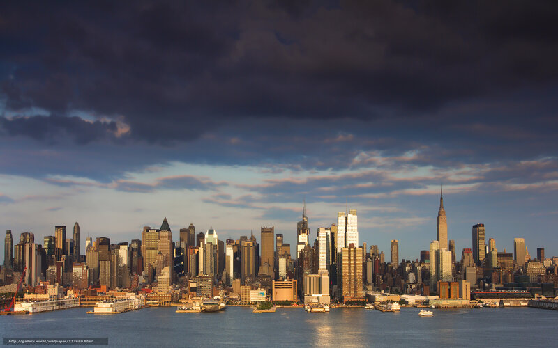 Manhattan Skyline at Dusk — Blue, Dramatic, Sunset, Photograph, Skyscrapers, River