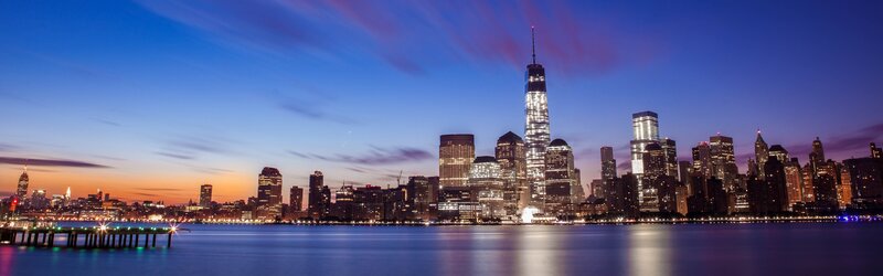 Manhattan Skyline at Dusk — Blue, Serene, Sunset, Photograph, Skyscrapers, River, Pier