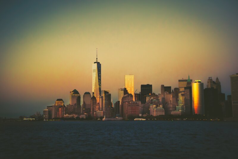 Manhattan Skyline at Dusk — Orange, Serene, Sunset, Photograph, Skyscrapers