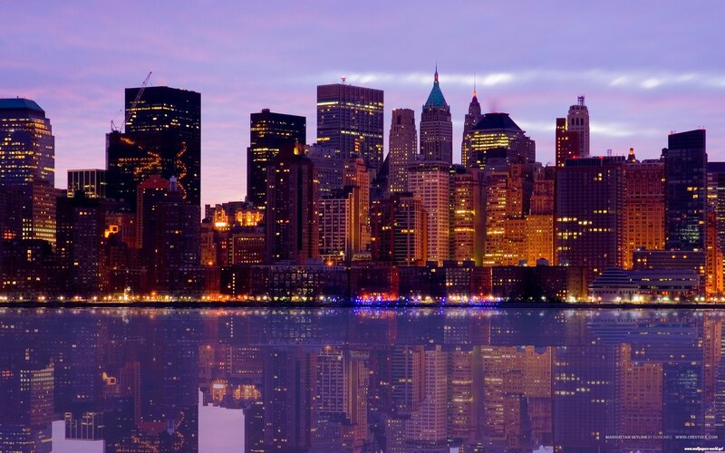 Manhattan Skyline at Dusk — Purple, Dramatic, Sunset, Photograph, Skyscrapers, River, Reflection