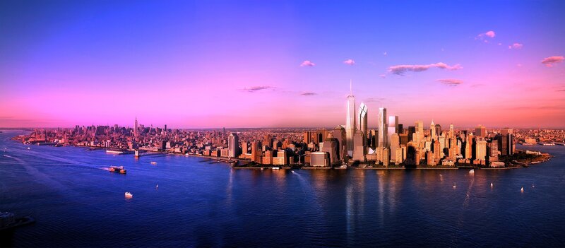 Manhattan Skyline at Dusk — Purple, Dramatic, Sunset, Photograph, Skyscrapers, Water