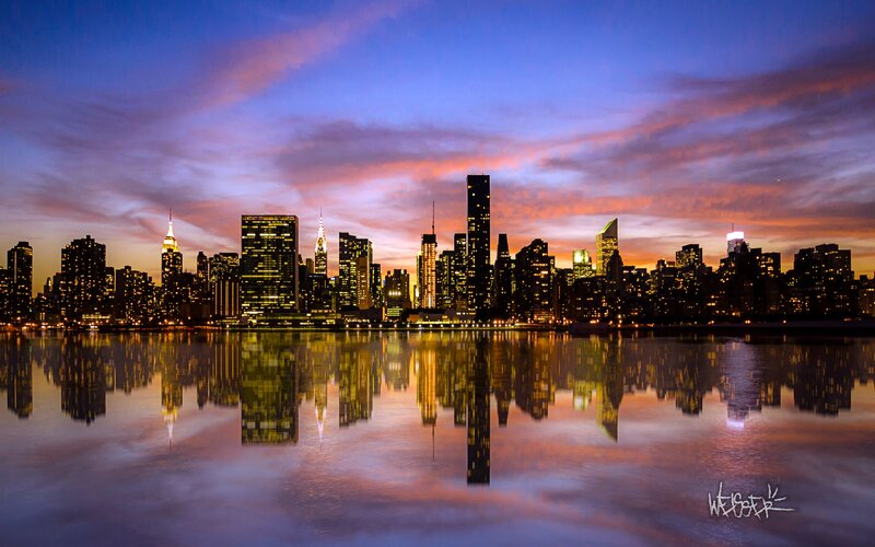 Manhattan Skyline at Dusk — Purple, Dramatic, Sunset, Photograph