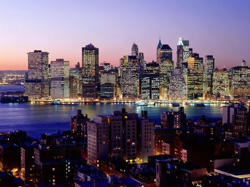 Manhattan Skyline at Dusk — Purple, Serene, Sunset, Photograph, Skyscrapers, River, Boats, Blue, Yellow