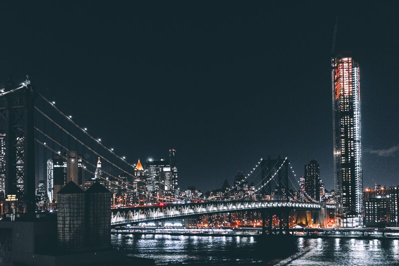 Manhattan Skyline at Night — Black, Dramatic, Photograph, Bridge