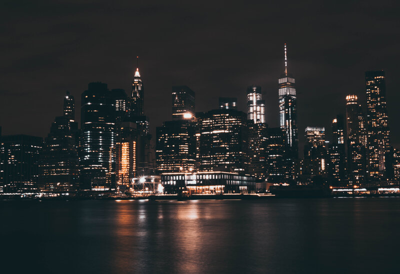 Manhattan Skyline at Night — Black, Dramatic, Photograph