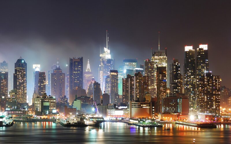 Manhattan Skyline at Night — Black, Dramatic