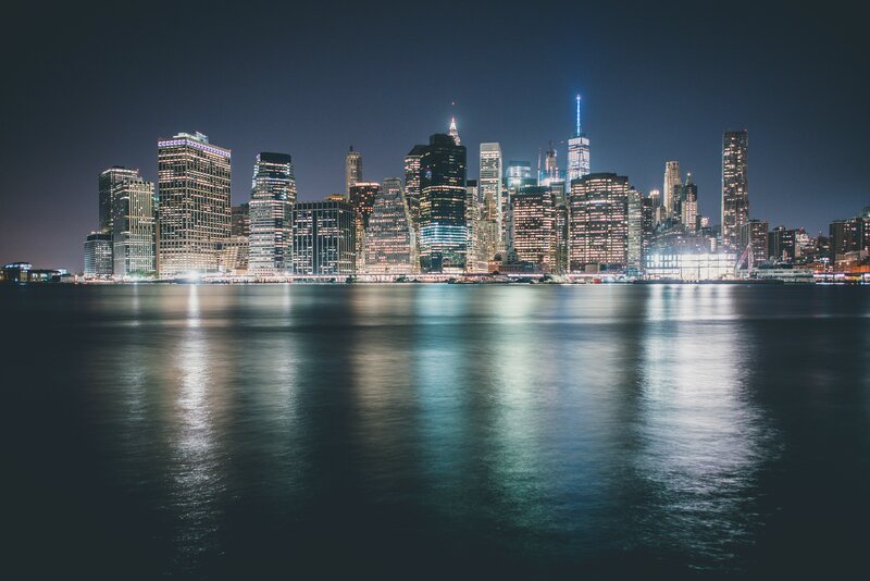 Manhattan Skyline at Night — Black, Serene, Photograph