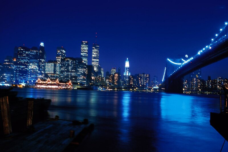 Manhattan Skyline at Night — Blue, Calm, Photograph