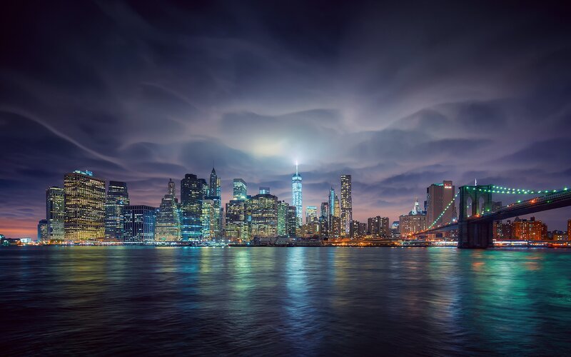 Manhattan Skyline at Night — Blue, Dramatic, Photograph, Brooklyn Bridge