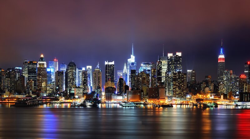 Manhattan Skyline at Night — Blue, Dramatic, Photograph, Skyscrapers, River, Boats