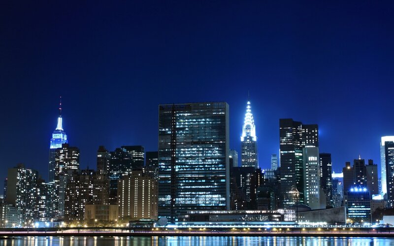 Manhattan Skyline at Night — Blue, Dramatic, Photograph, Skyscrapers