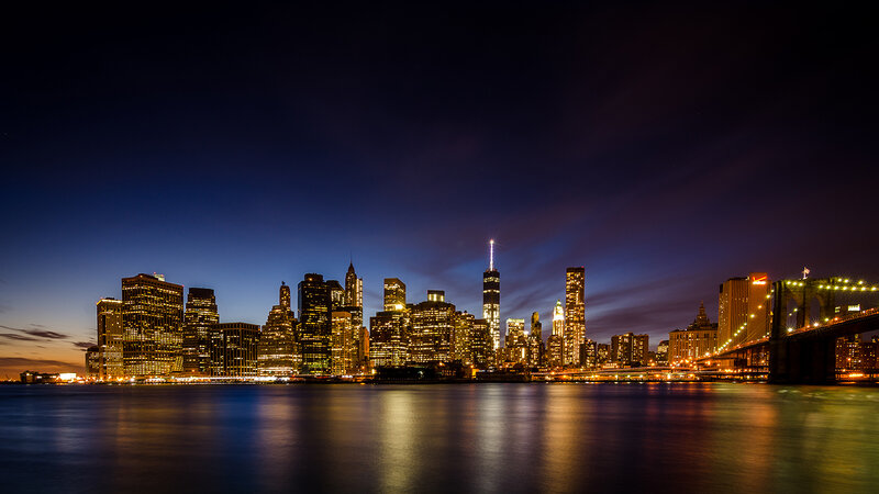 Manhattan Skyline at Night — Blue, Dramatic, Photograph