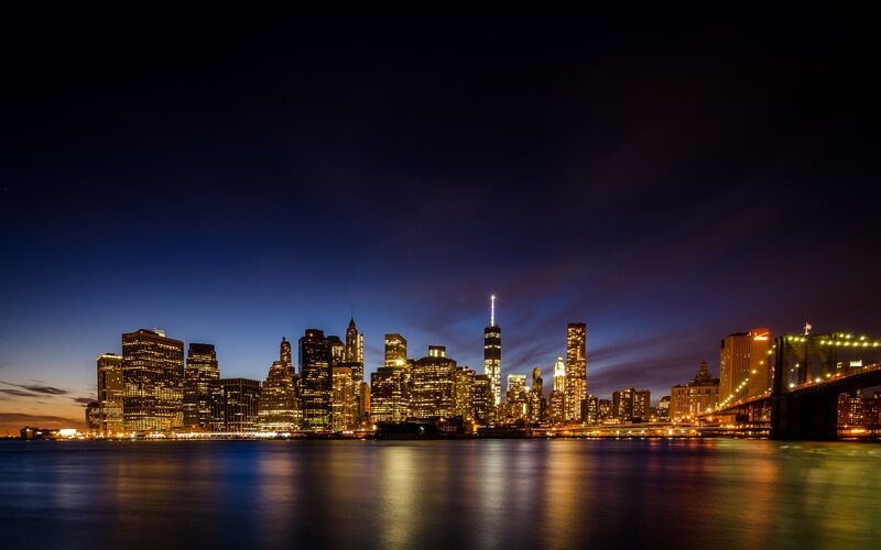 Manhattan Skyline at Night — Blue, Serene, Photograph, Skyscrapers