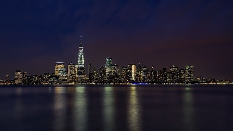 Manhattan Skyline at Night — Blue, Serene, Photograph, Skyscrapers, Water