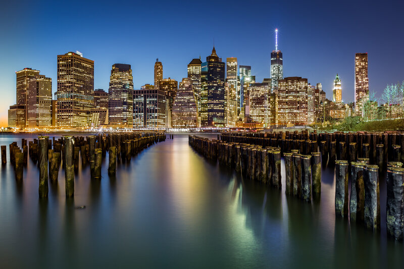 Manhattan Skyline at Night — Blue, Serene, Photograph