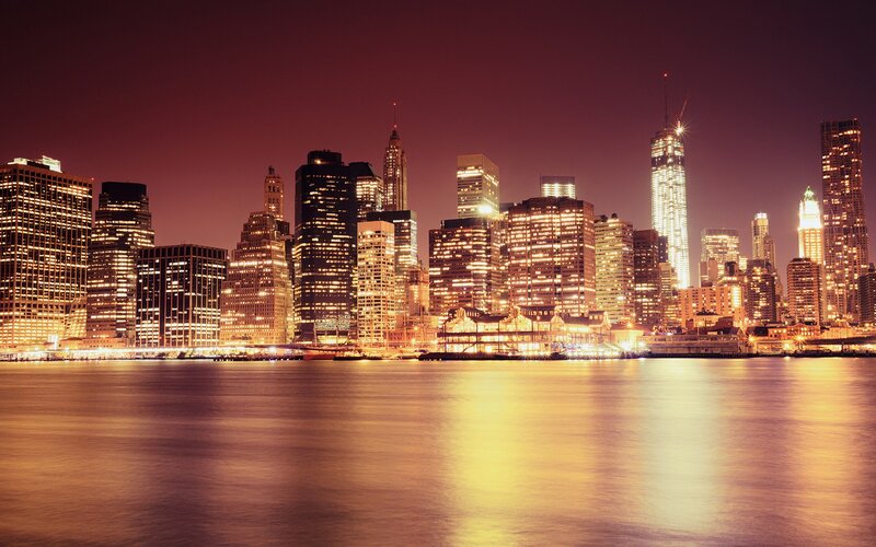 Manhattan Skyline at Night — Purple, Dramatic, Photograph, Skyscrapers, River, Buildings