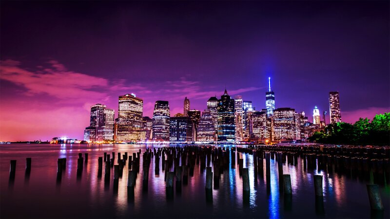 Manhattan Skyline at Night — Purple, Dramatic, Photograph, Skyscrapers