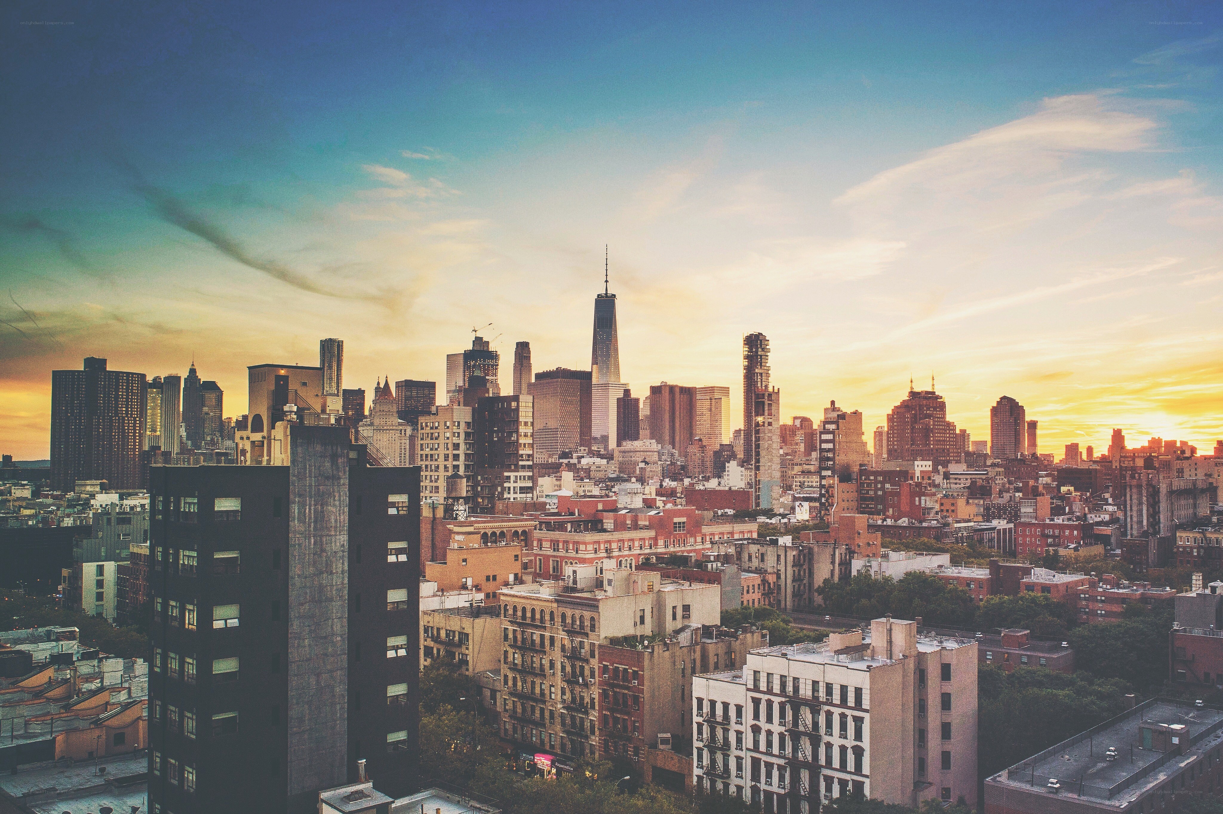 Manhattan skyline at sunset