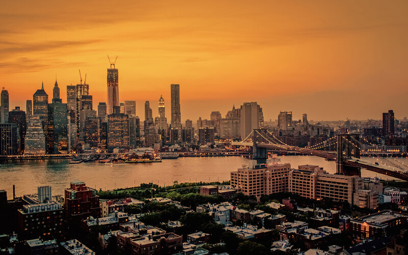 Manhattan Skyline at Sunset — Orange, Dramatic, Photograph, Brooklyn Bridge