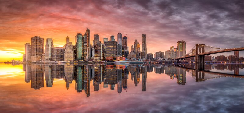 Manhattan Skyline at Sunset — Orange, Dramatic, Photograph, Skyscrapers, Bridge